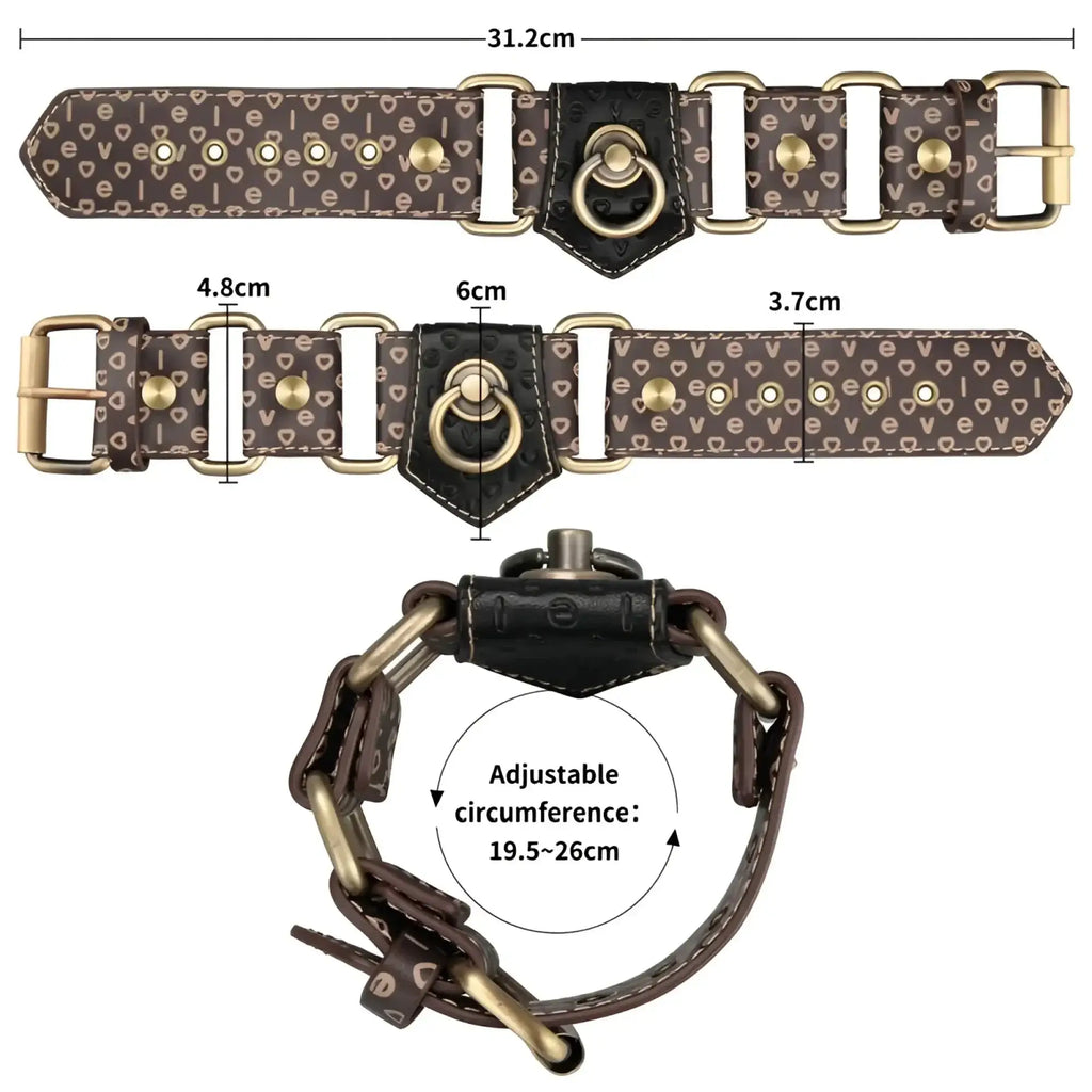 Brown leather dog collar with love pattern in pink and white brass hardware adjustable buckle.
