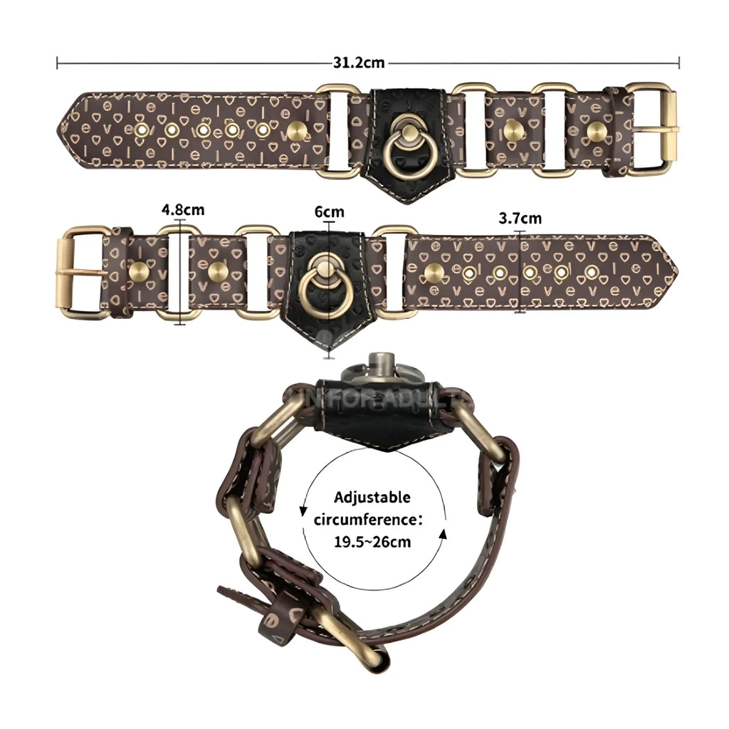 Brown leather dog collar with repeating love pattern in beige and gold-tone hardware from lovetoy rebellion reign hogtie set