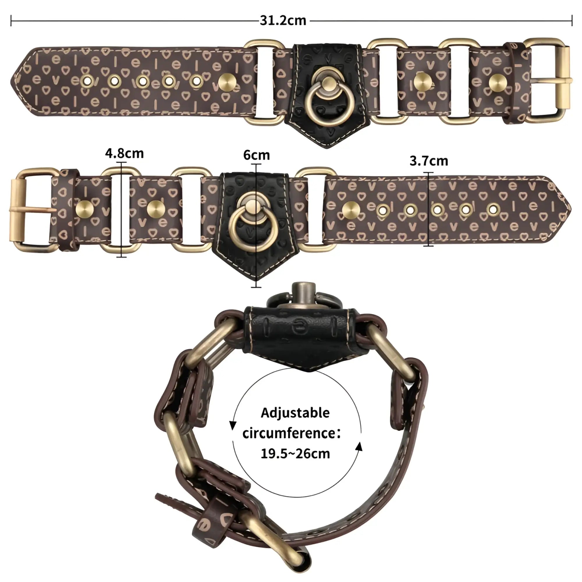 Brown leather dog collar with love pattern in pink and white brass hardware adjustable buckle from lovetoy rebellion reign hogtie set
