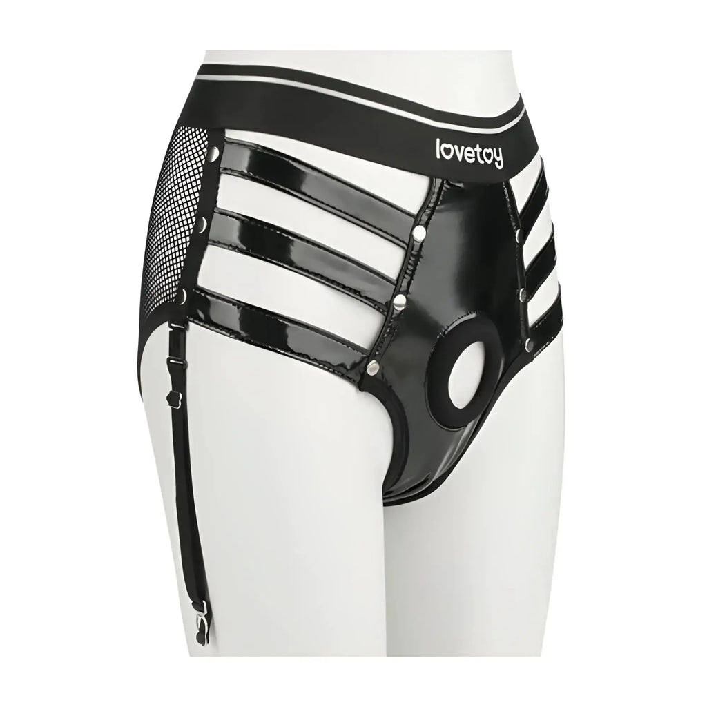 Black patent leather garter belt with mesh panels and silver hardware featuring lovetoy brand on waistband lxl size