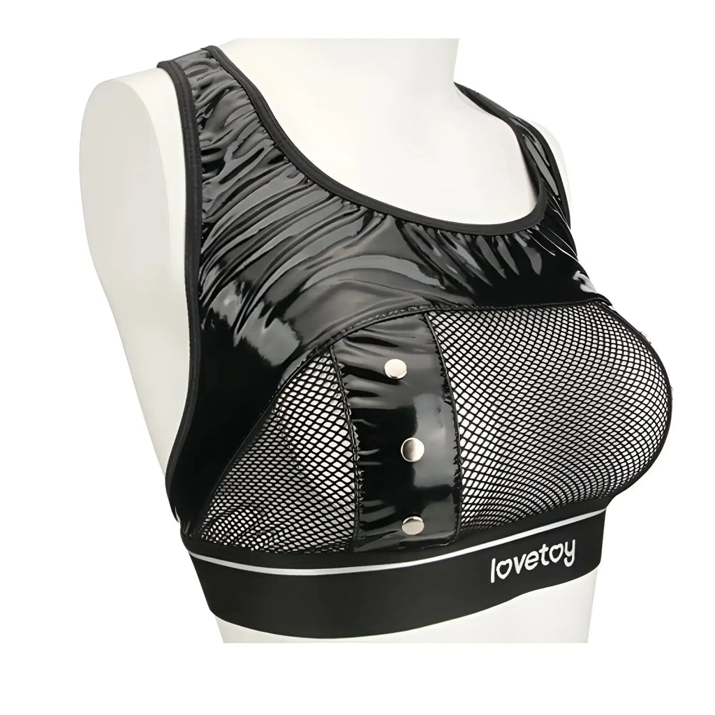 Black patent leather and mesh bodysuit with silver buttons branded lovetoy on waistband from rebellion reign set L XL