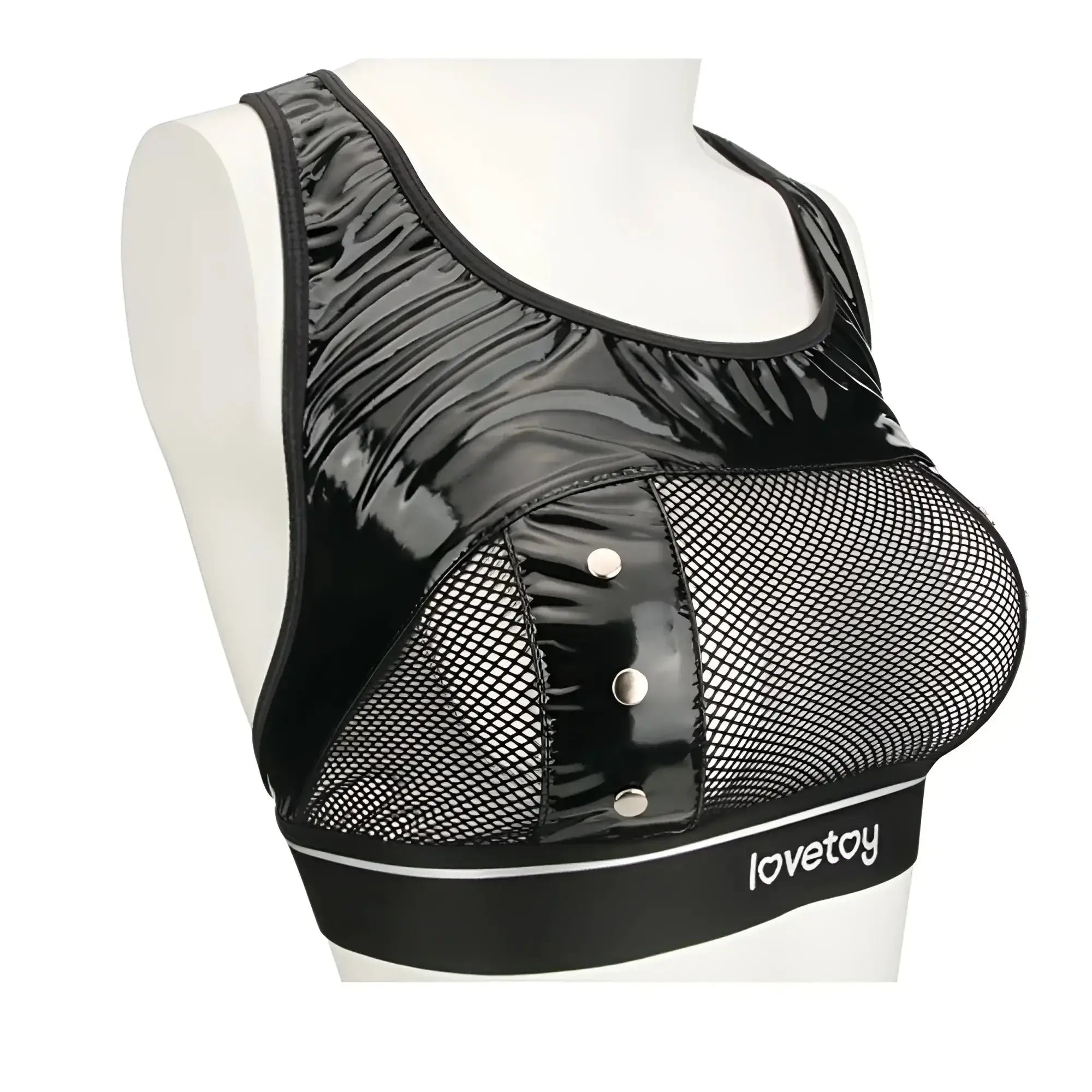 Black patent leather and mesh bodysuit with silver buttons branded lovetoy on waistband from rebellion reign set L XL