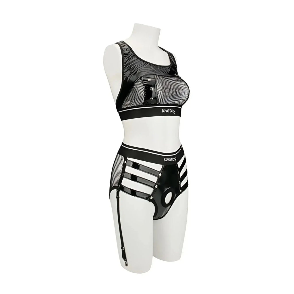 Black mesh and patent leather lovetoy rebellion reign iconic harness strap on set with branded waistband in size ml