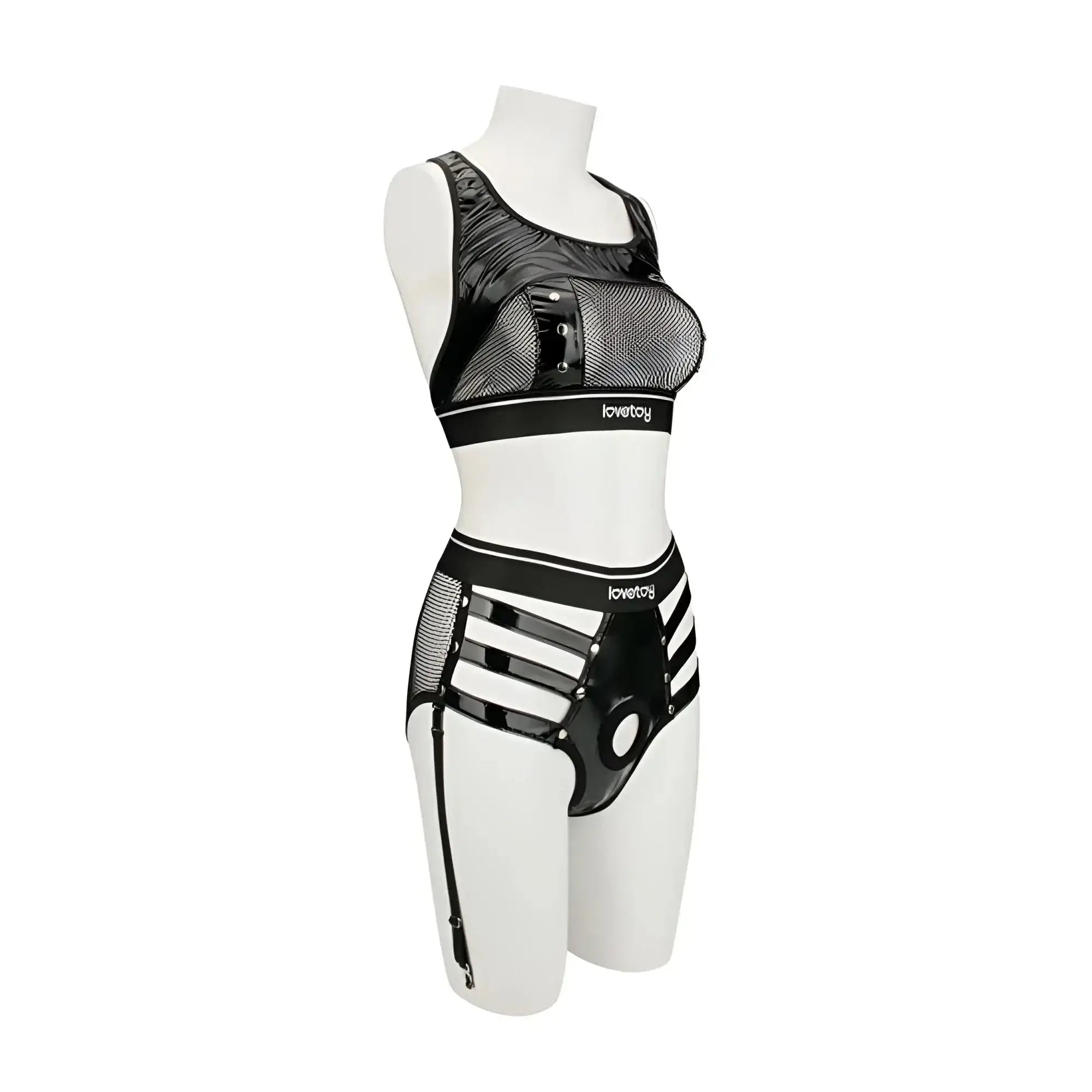 Black mesh and patent leather lovetoy rebellion reign iconic harness strap on set with branded waistband in size ml