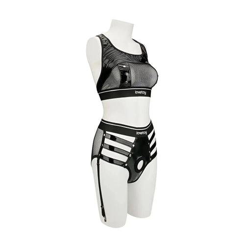 Black mesh and patent leather lovetoy rebellion reign iconic harness strap on set with branded waistband in size ml