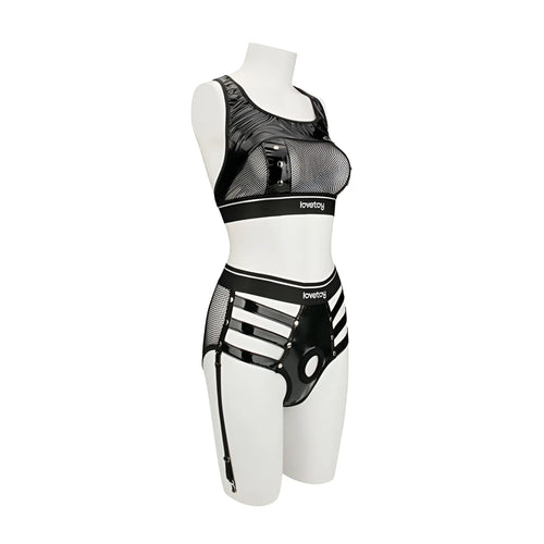 Black mesh and patent leather lovetoy rebellion reign iconic harness strap on set with branded waistband in size ml