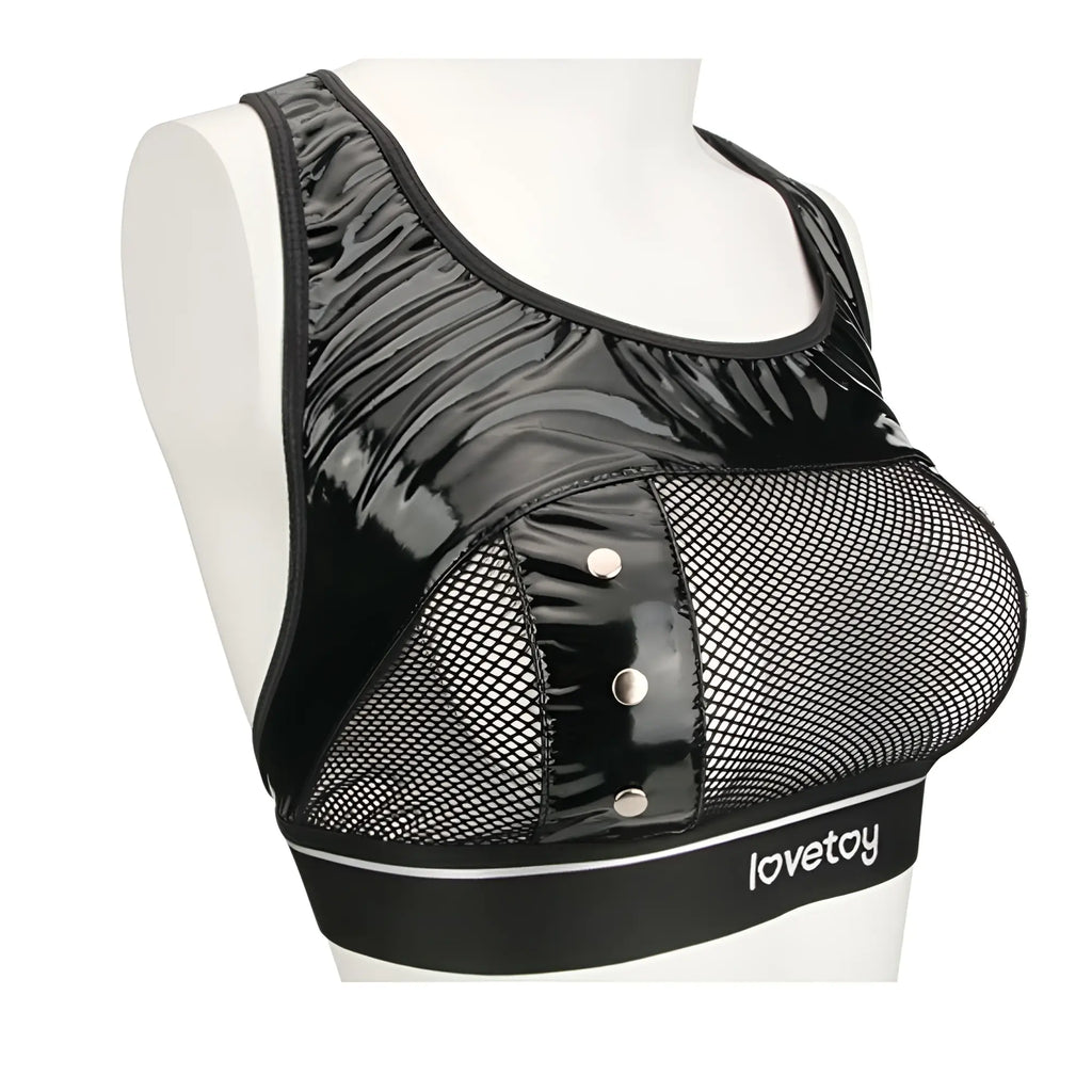 Black patent leather and mesh bodysuit with silver buttons and lovetoy branded waistband from rebellion reign set m/l