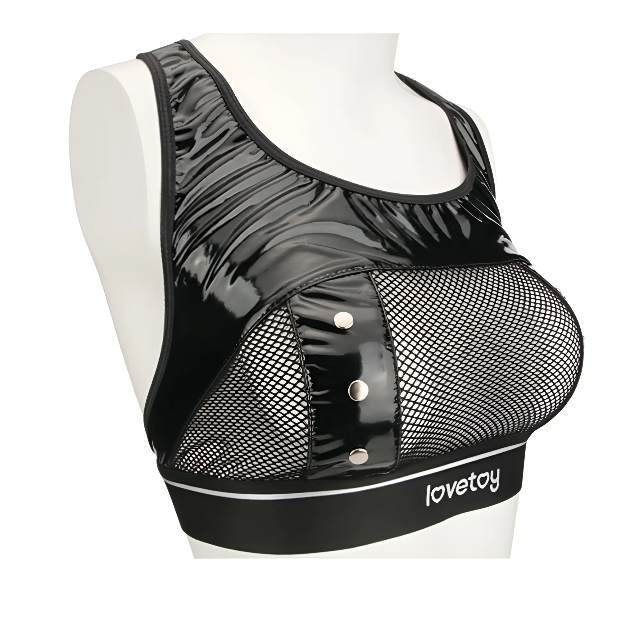 Black patent leather and mesh bodysuit with silver buttons and lovetoy branded waistband from rebellion reign set m/l