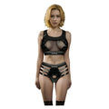 Black glossy mesh and strap lingerie set with lovetoys branding in rebellion reign iconic harness strap on set xs s