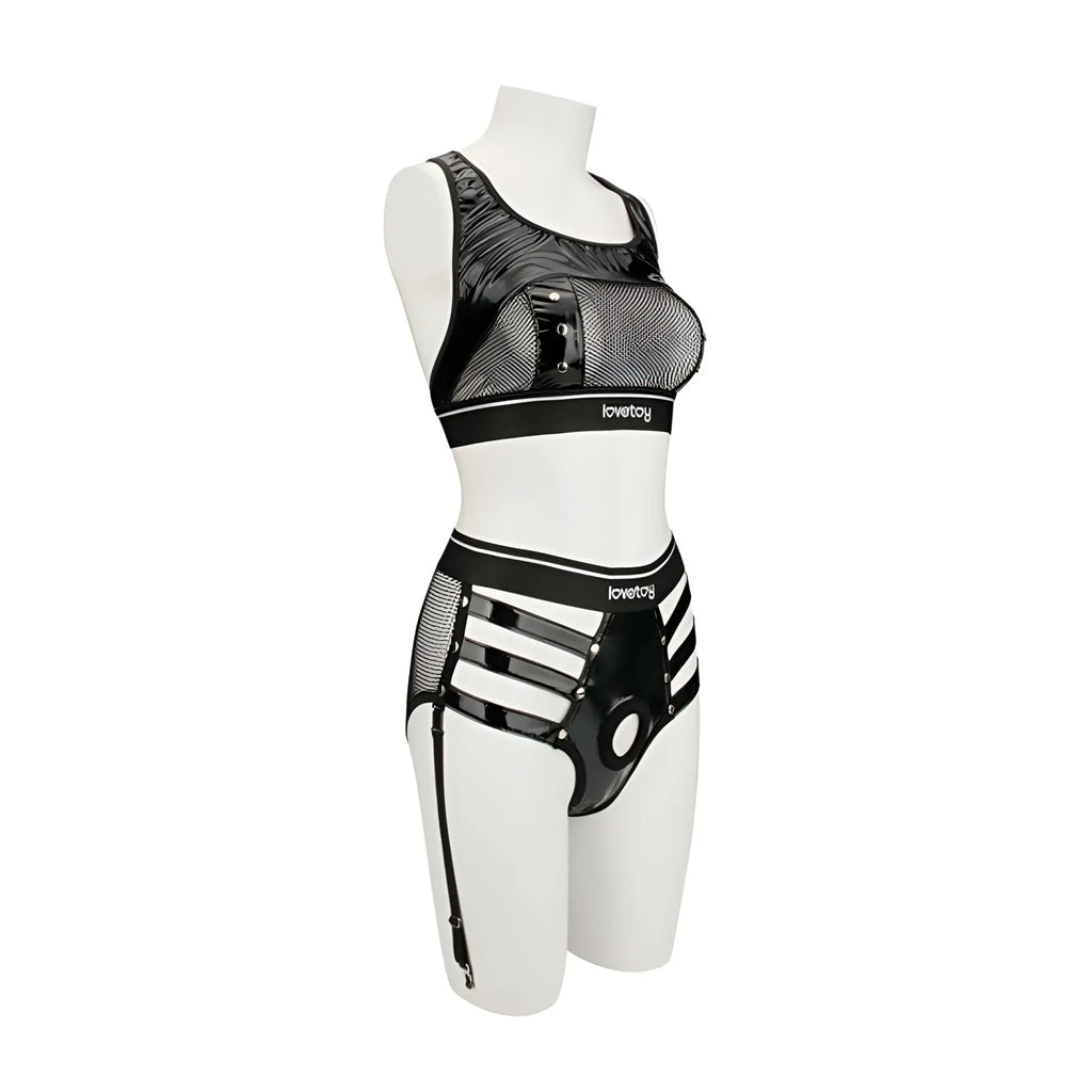 Lovetoy rebellion reign iconic harness strap on set xs/s in black mesh and patent leather lingerie with branded waistband