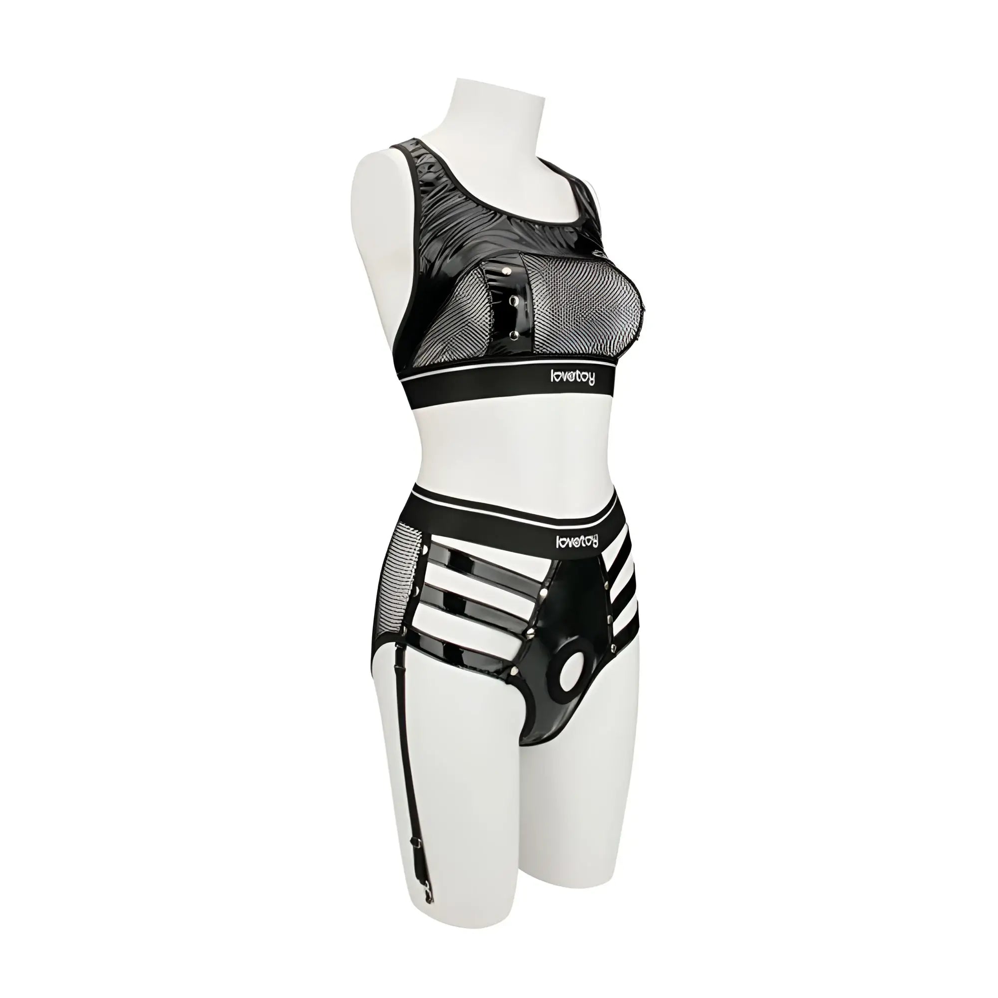 Lovetoy rebellion reign iconic harness strap on set xs/s in black mesh and patent leather lingerie with branded waistband