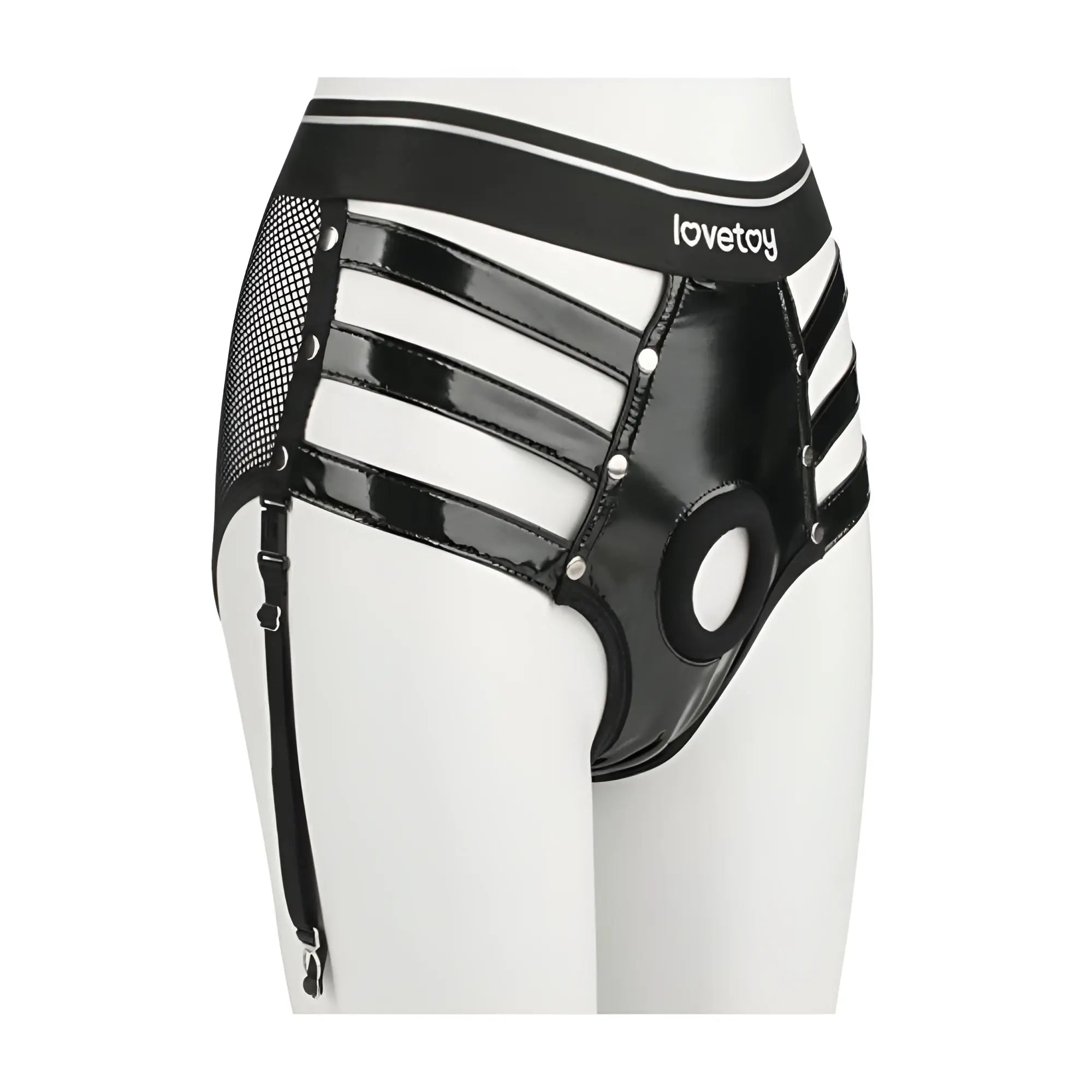 Black patent leather garter belt with mesh panels and silver hardware featuring lovetoys brand on waistband xs/s