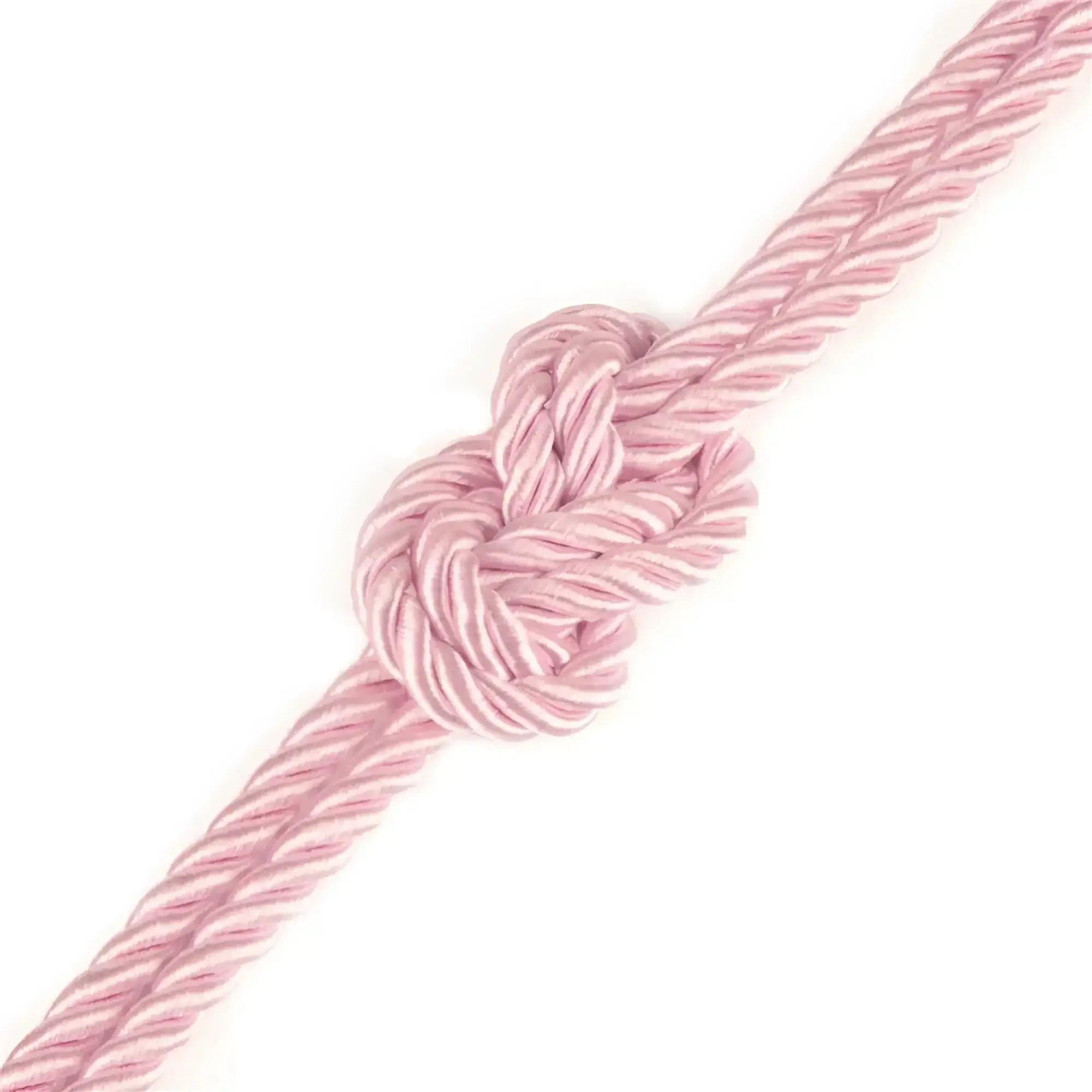 A delicate pink braided silky bondage rope with a neatly tied knot from lovetoy rebellion reign rose 10m