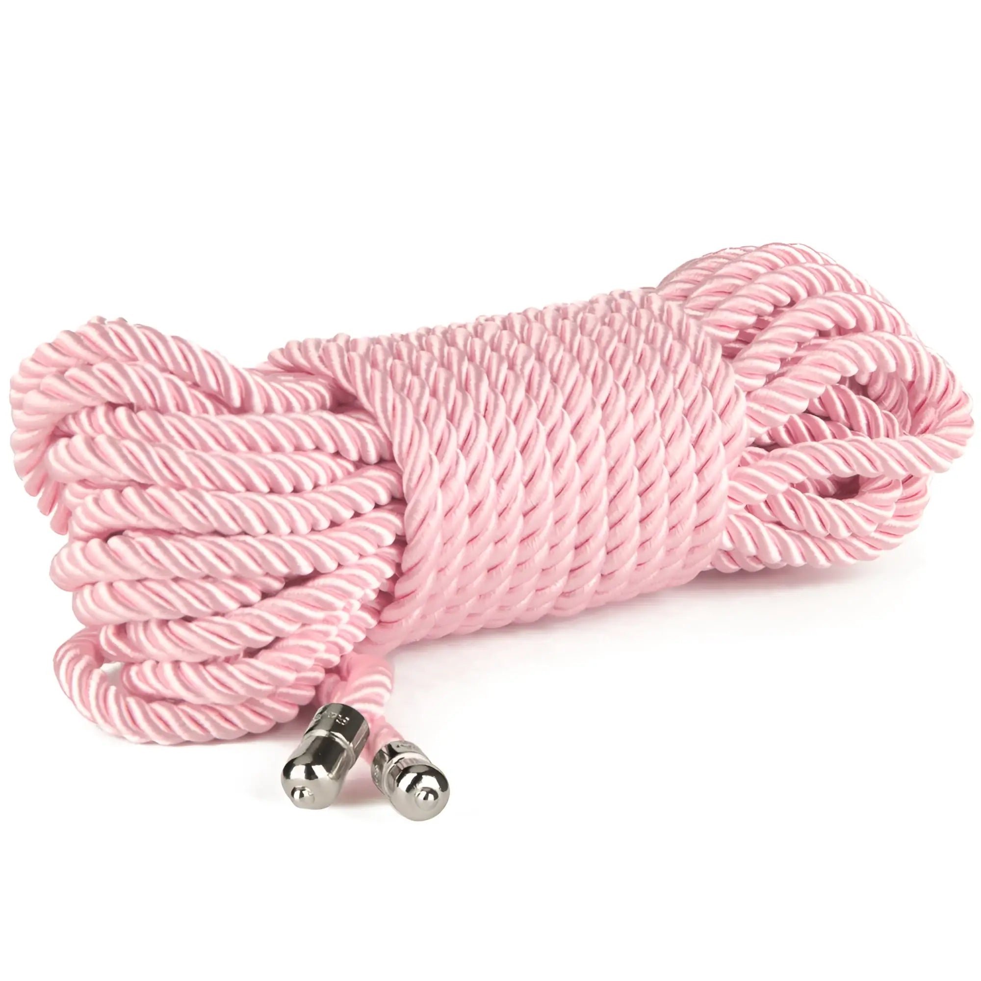 Pink and white striped silky bondage rope with metallic end caps from Lovetoy Rebellion Reign Rose 10m