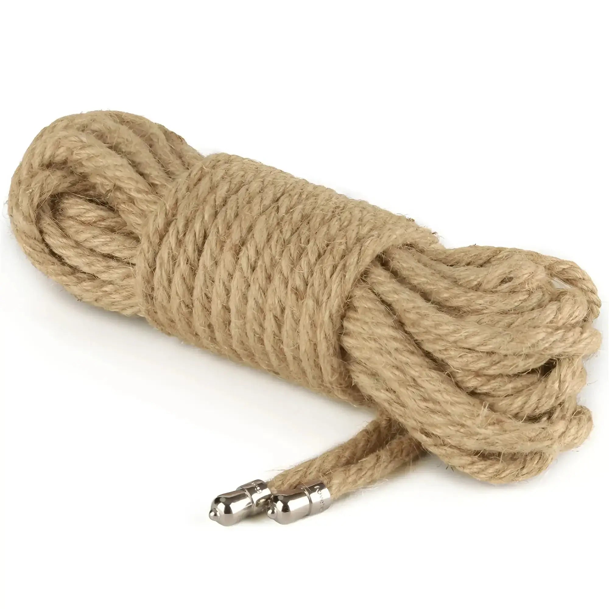 Coiled natural-colored jute hemp bondage rope with metallic end caps from Lovetoy Rebellion Reign rustic 10m set