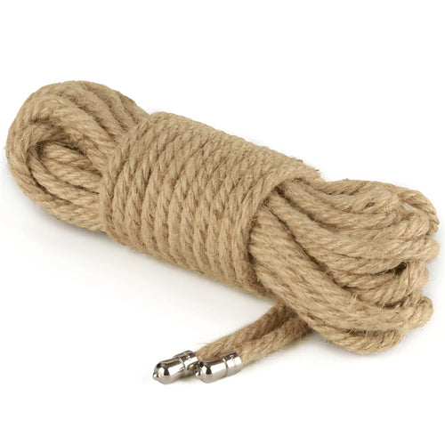 Coiled natural-colored jute hemp bondage rope with metallic end caps from Lovetoy Rebellion Reign rustic 10m set