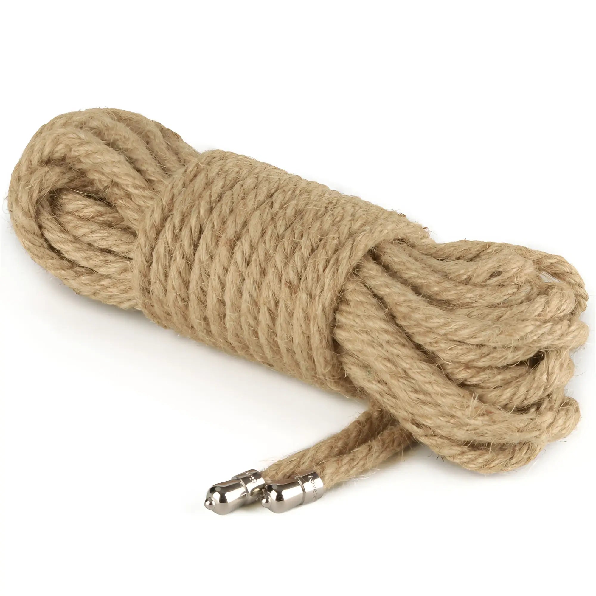 Coiled natural-colored jute rope with metallic end caps from lovetoy rebellion reign rustic 10m hemp bondage rope