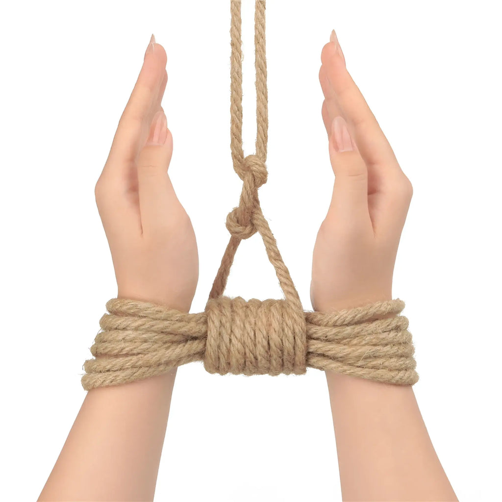 Tan braided hemp rope bondage harness with central knot and looped ends for Lovetoy Rebellion Reign Rustic 10m rope