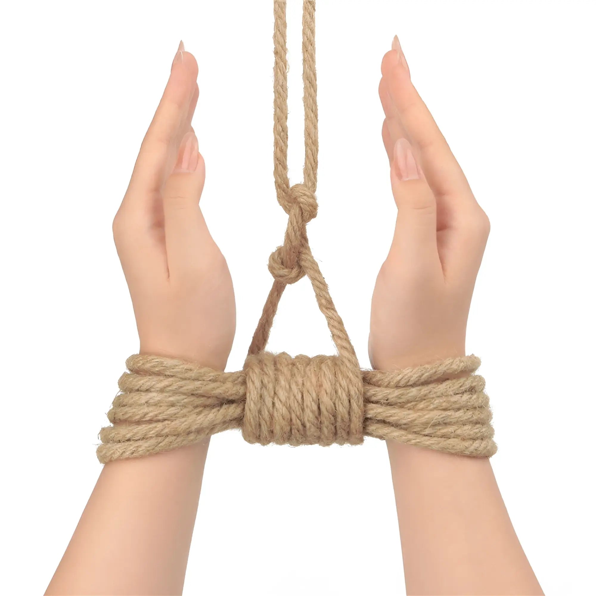 Tan braided hemp rope bondage harness with central knot and looped ends for Lovetoy Rebellion Reign Rustic 10m rope