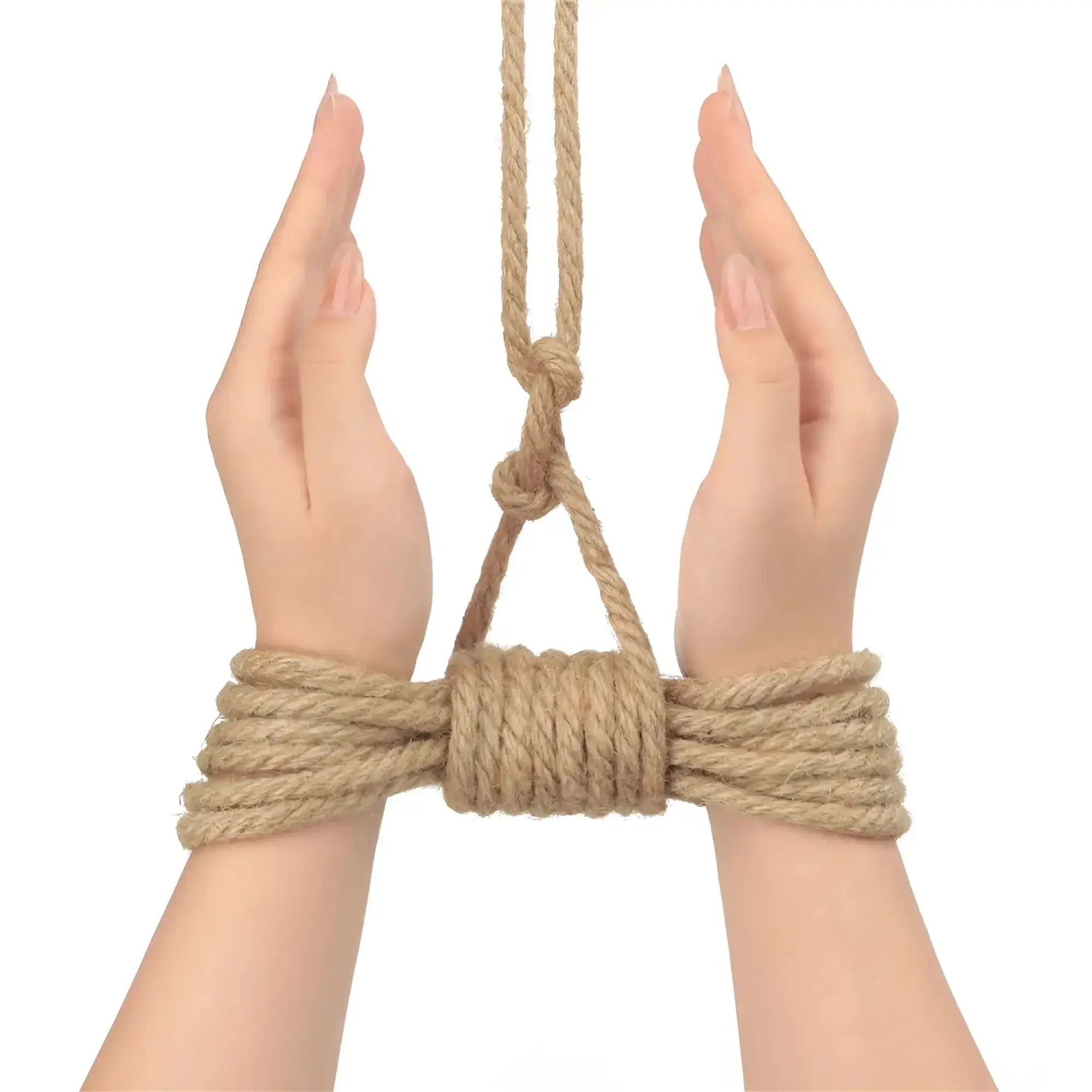 Tan braided hemp rope bondage harness with central knot and looped ends for Lovetoy Rebellion Reign Rustic 10m rope