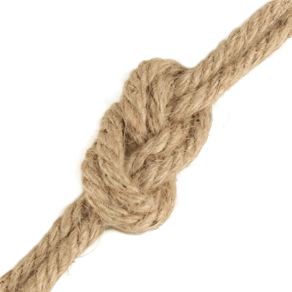 Lovetoy Rebellion Reign rustic 10m beige hemp bondage rope with tightly woven textured fibrous surface and intricate knot