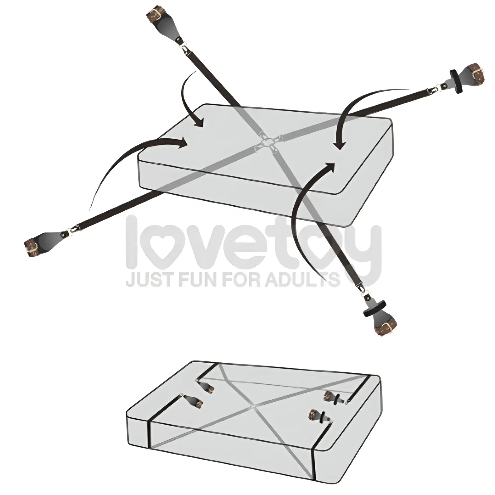 Black elastic straps with metallic buckles for adult use in lovetoy rebellion reign under mattress restraint system