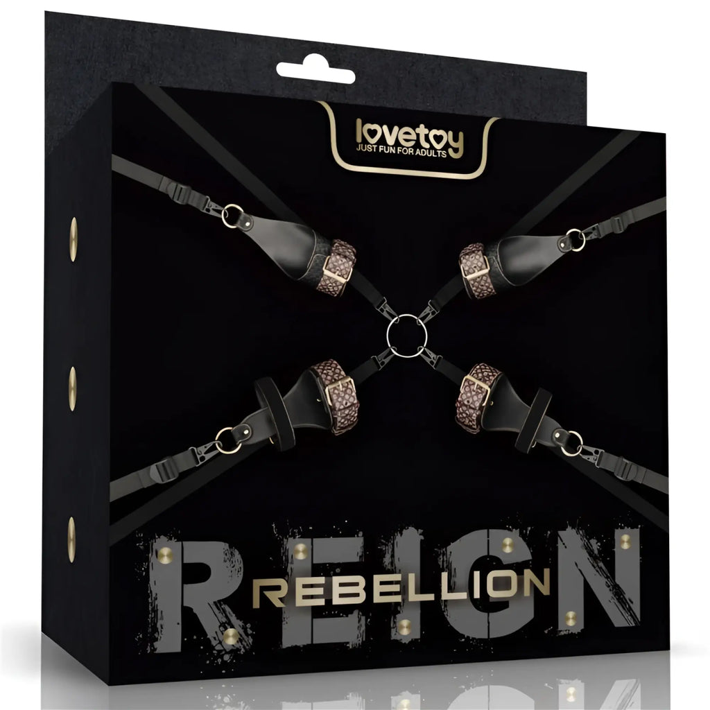 Black leather bondage harness set with metallic rose gold accents and adjustable straps by Lovetoy Rebellion