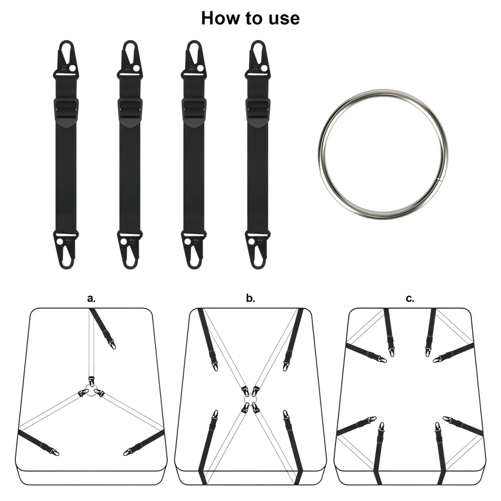 Set of four black elastic straps with metal hooks for securing items in lovetoy rebellion reign under mattress restraint