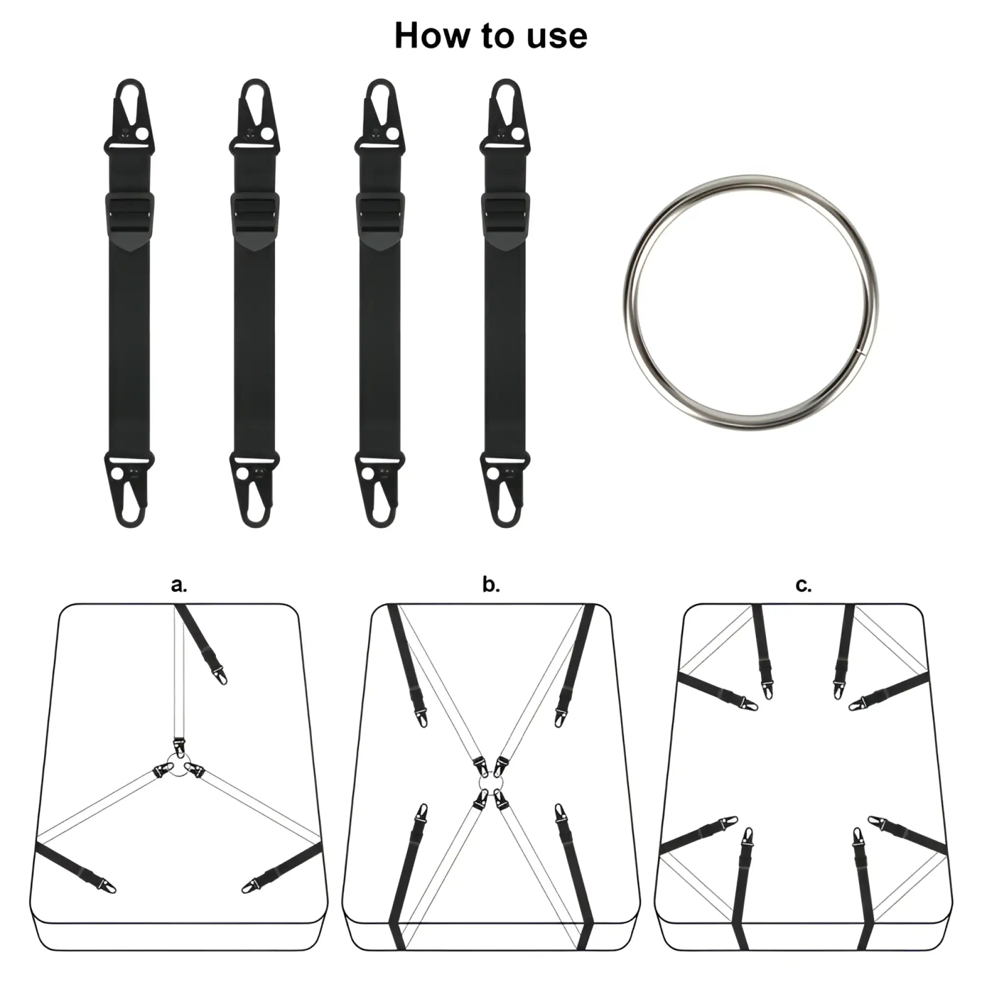 Set of four black elastic straps with metal hooks for securing items in lovetoy rebellion reign under mattress restraint