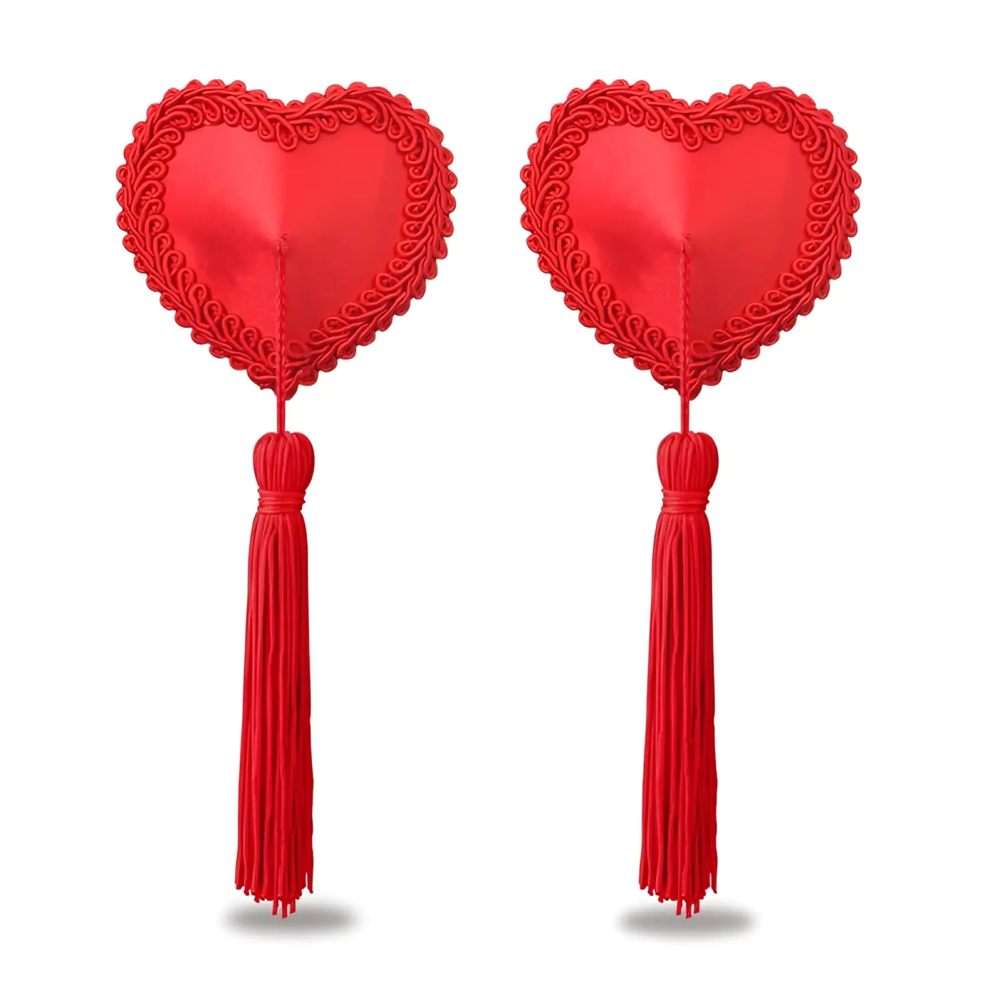 Lovetoy reusable red heart tassels nipple pasties with intricate lace trim and matching tassels decorative fans