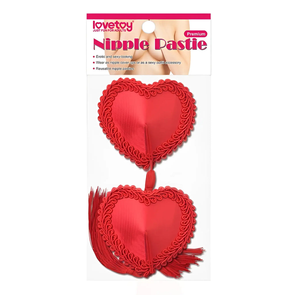 Lovetoy reusable red heart tassels nipple pasties with lace trim designed for playful intimate wear