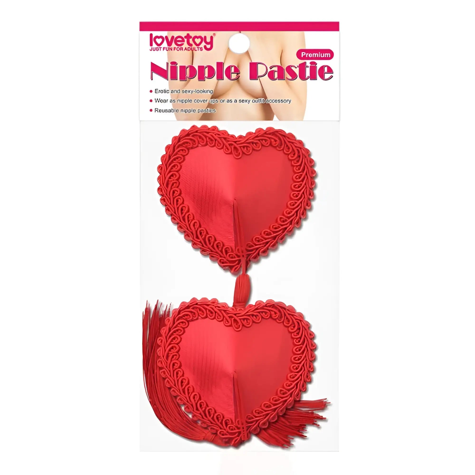 Lovetoy reusable red heart tassels nipple pasties with lace trim designed for playful intimate wear