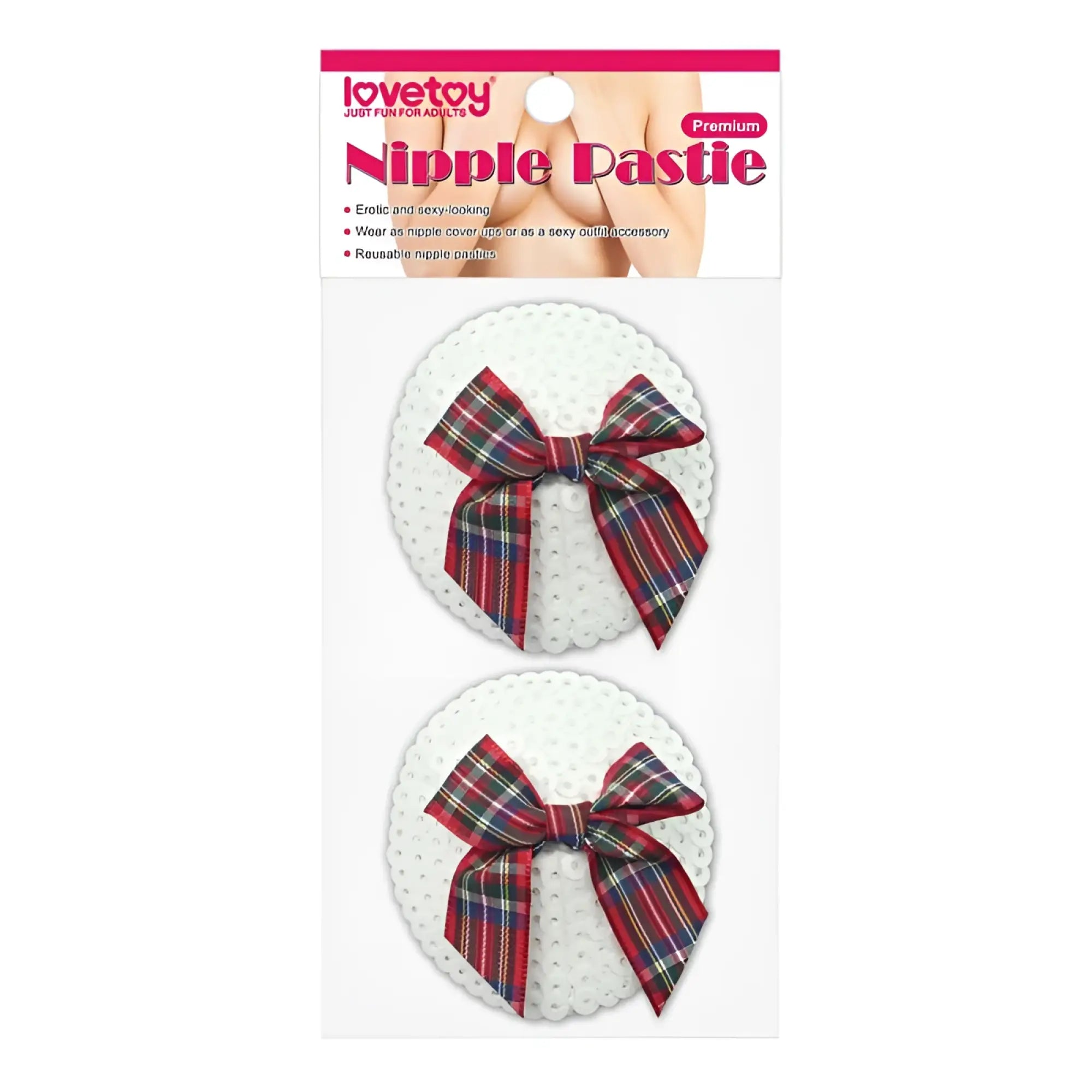 Lovetoy reusable sequin round nipple pasties with red green and blue plaid bow on white fabric in package