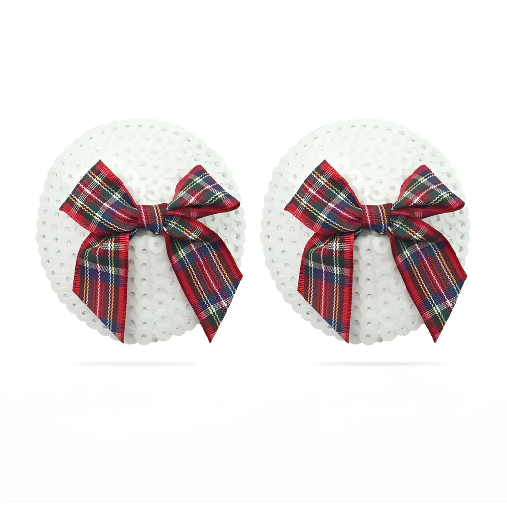 Lovetoy reusable sequin round nipple pasties with red green and blue plaid ribbon bows on white perforated bases