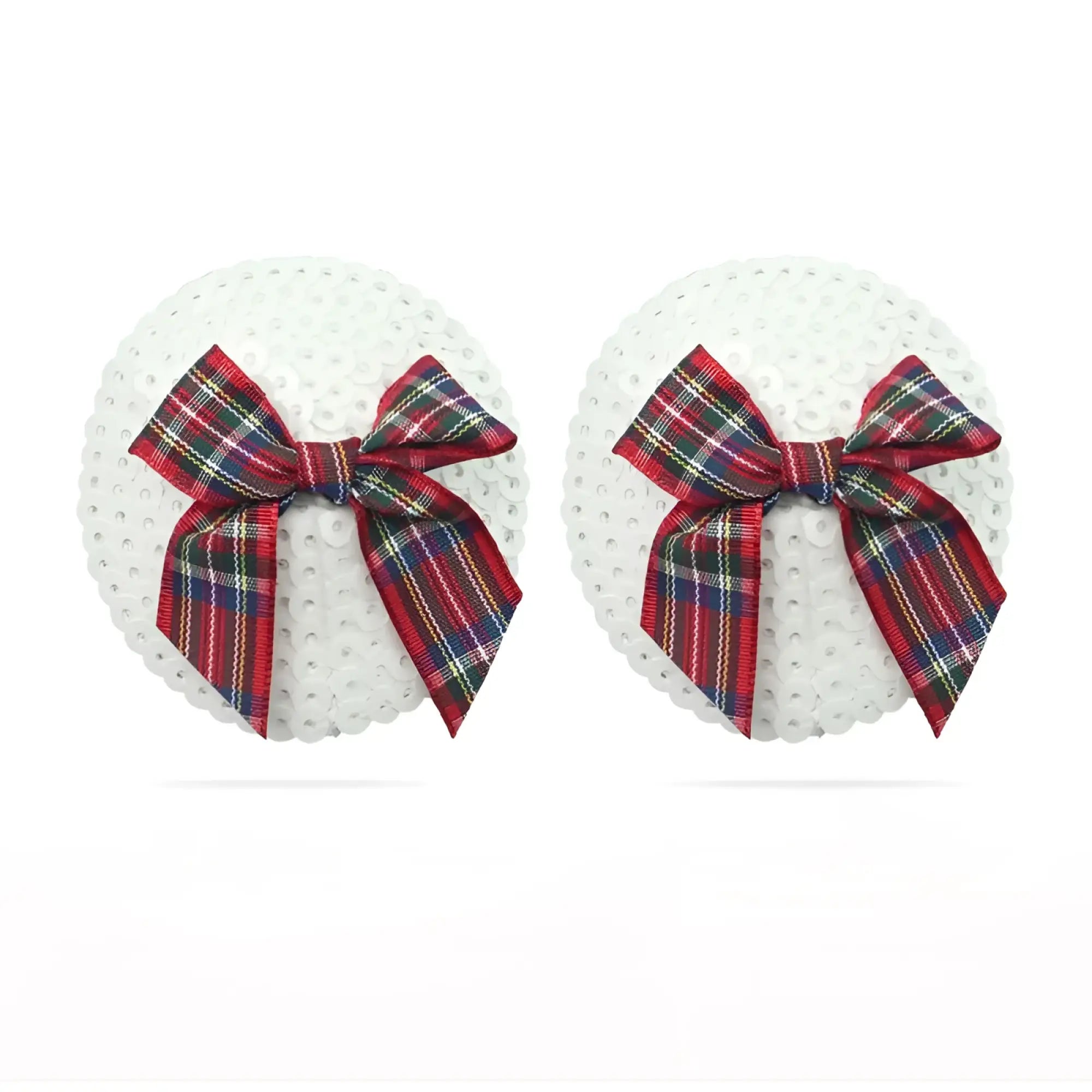 Lovetoy reusable sequin round nipple pasties with red green and blue plaid ribbon bows on white perforated bases