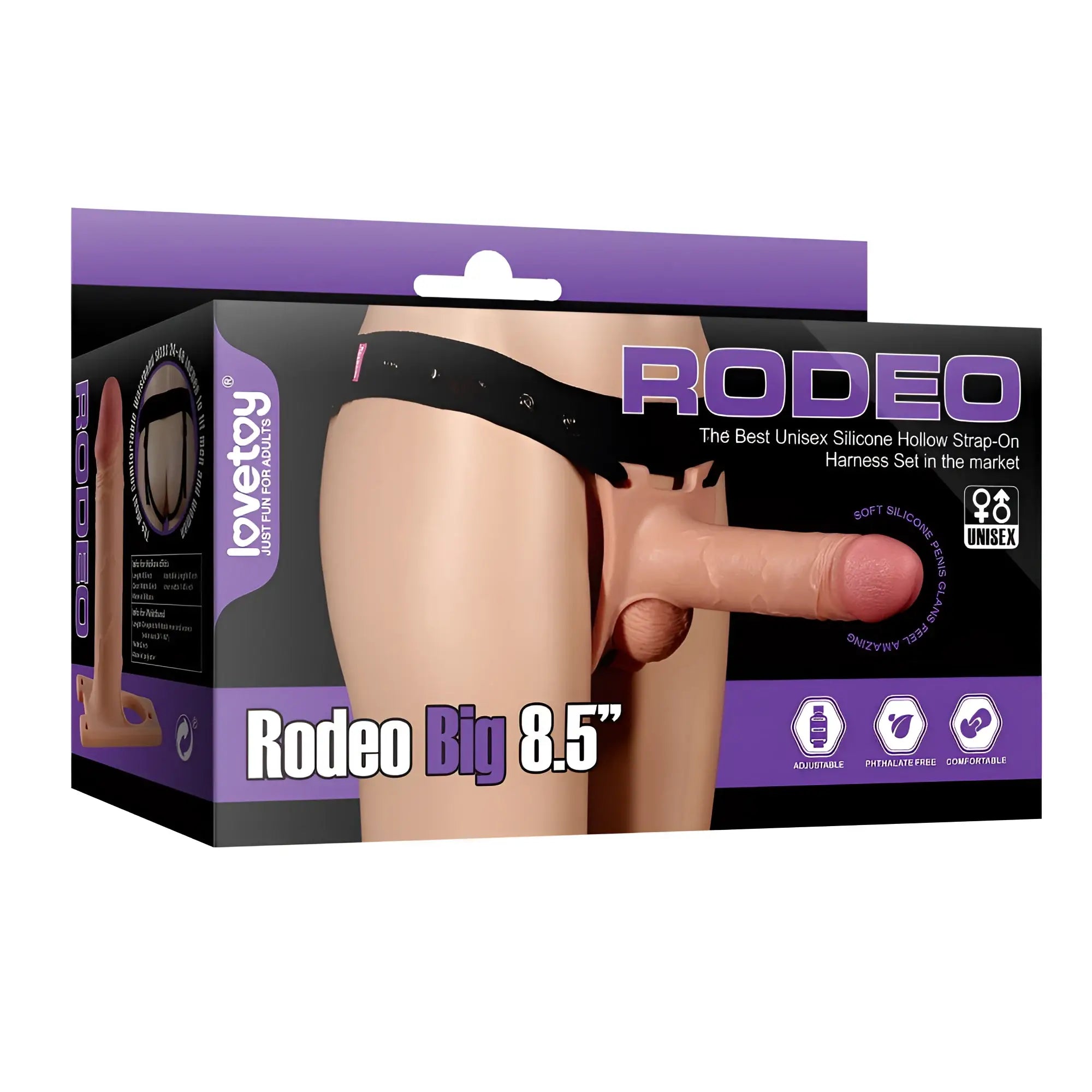 Lovetoy rodeo hollow strap on set 8.5in in purple black phthalate free silicone with adjustable unisex straps in packaging
