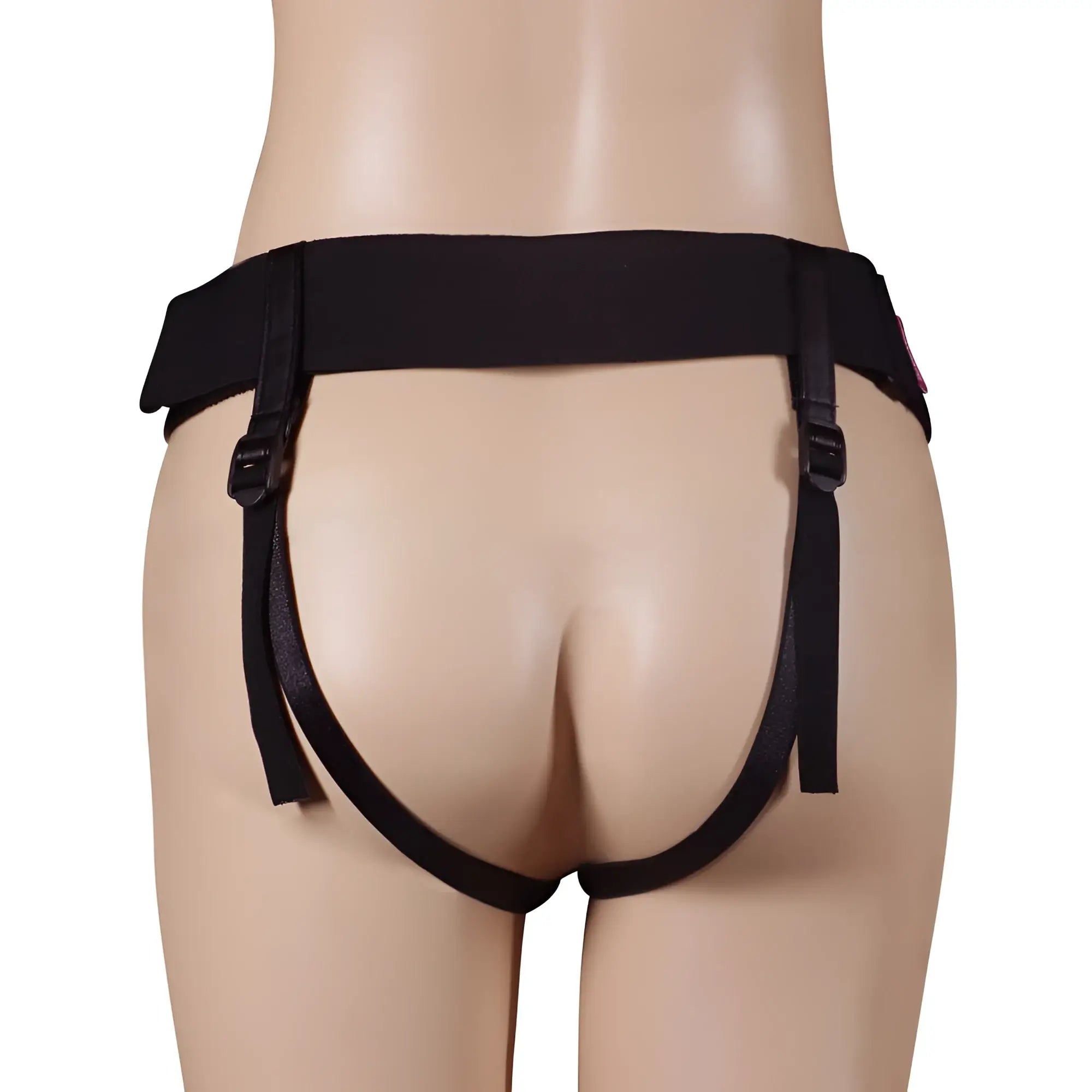 Lovetoy Rodeo Hollow strap on set features a black elastic waistband harness with adjustable straps and buckle closures