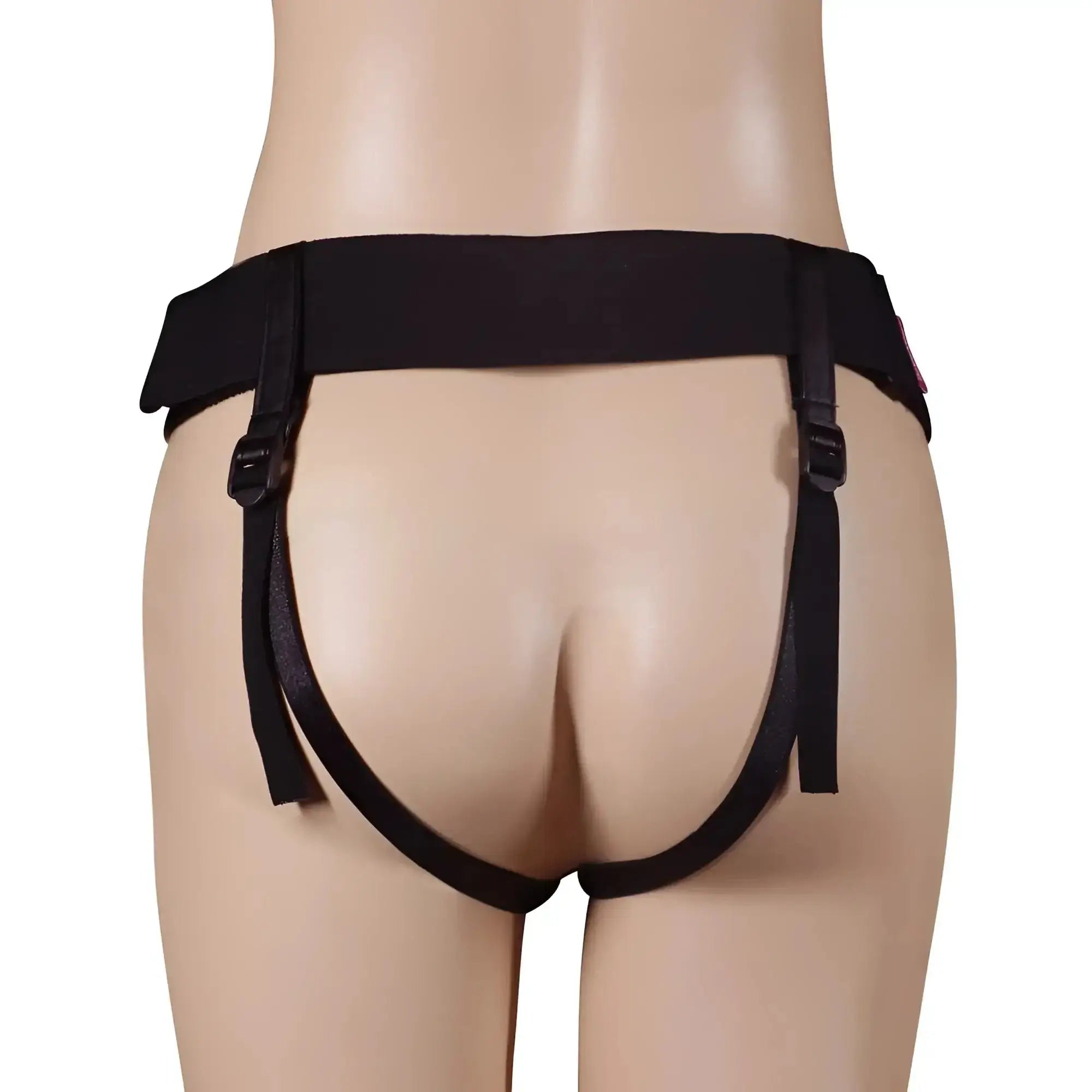 Lovetoy Rodeo Hollow strap on set features a black elastic waistband harness with adjustable straps and buckle closures
