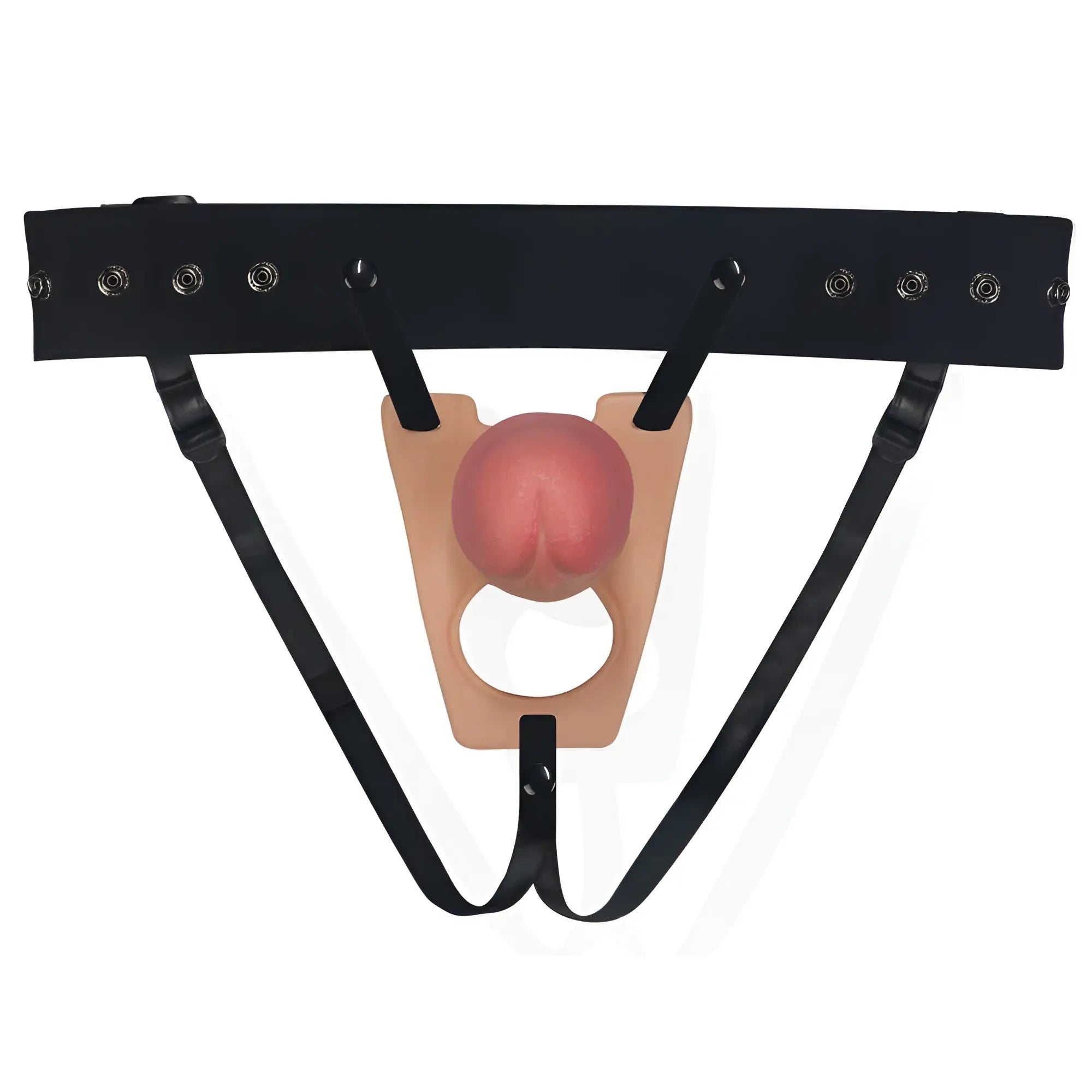 Black leather harness with pink silicone phallus attachment in lovetoy rodeo hollow strap on set 8.5in