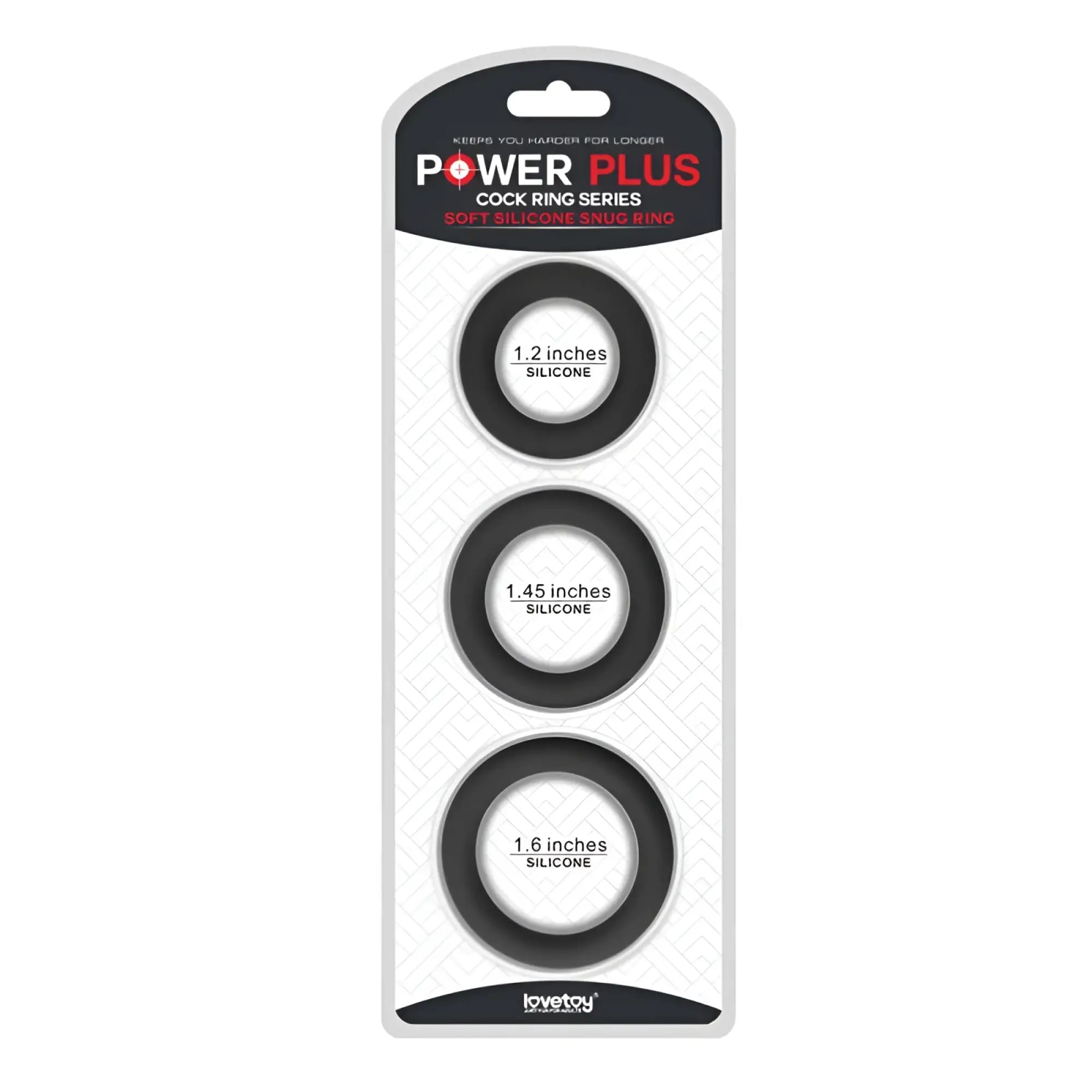 Lovetoy silicone 3 pc cock ring set black silicone rings in three sizes 1.2 1.45 and 1.6 inches in package