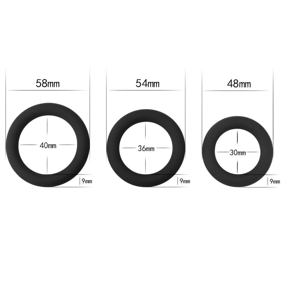 Lovetoy silicone 3 pc black rubber cock ring set with 58mm, 54mm outer diameter and 9mm thickness sizes labeled