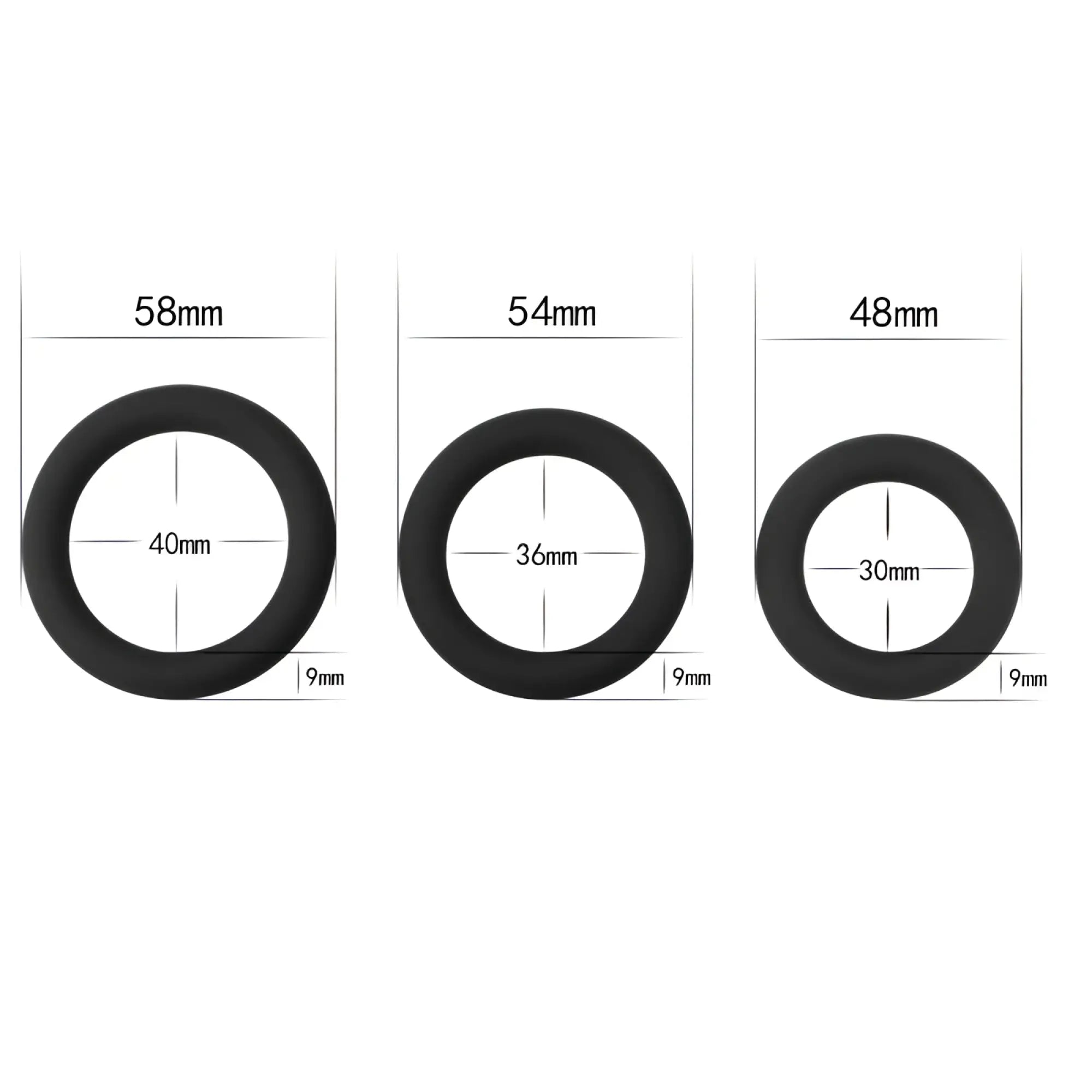 Lovetoy silicone 3 pc black rubber cock ring set with 58mm, 54mm outer diameter and 9mm thickness sizes labeled