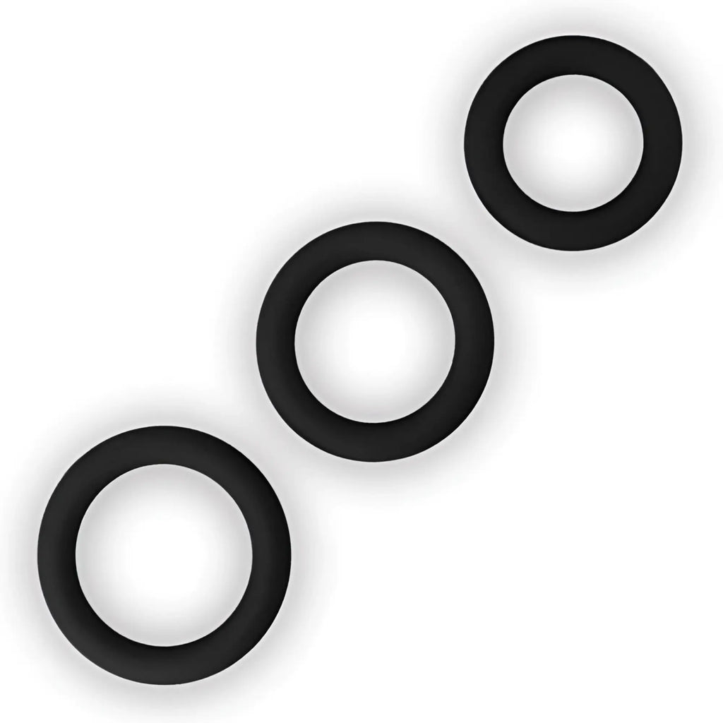 Three black rubber o-rings from lovetoy silicone 3 pc cock ring set for size versatility and comfort