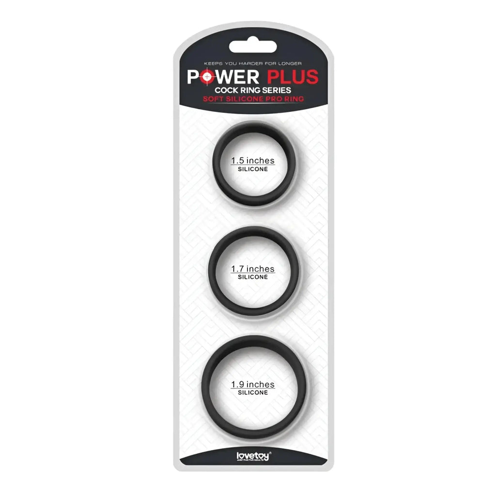 Lovetoy silicone 3 pc pro cock ring set with black silicone rings in sizes 1.5, 1.7, and 1.9 inches in package