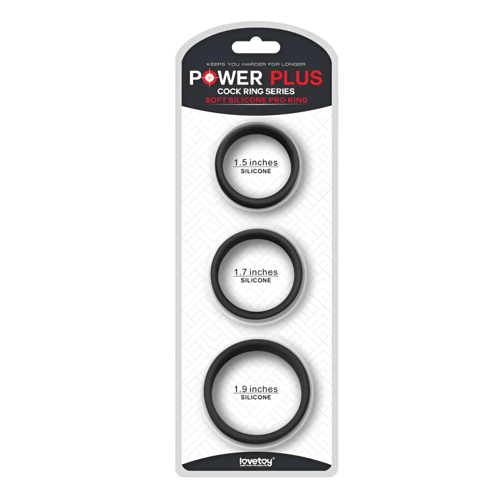 Lovetoy silicone 3 pc pro cock ring set with black silicone rings in sizes 1.5, 1.7, and 1.9 inches in package