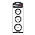 Lovetoy silicone 3 pc pro cock ring set with black silicone rings in sizes 1.5, 1.7, and 1.9 inches in package