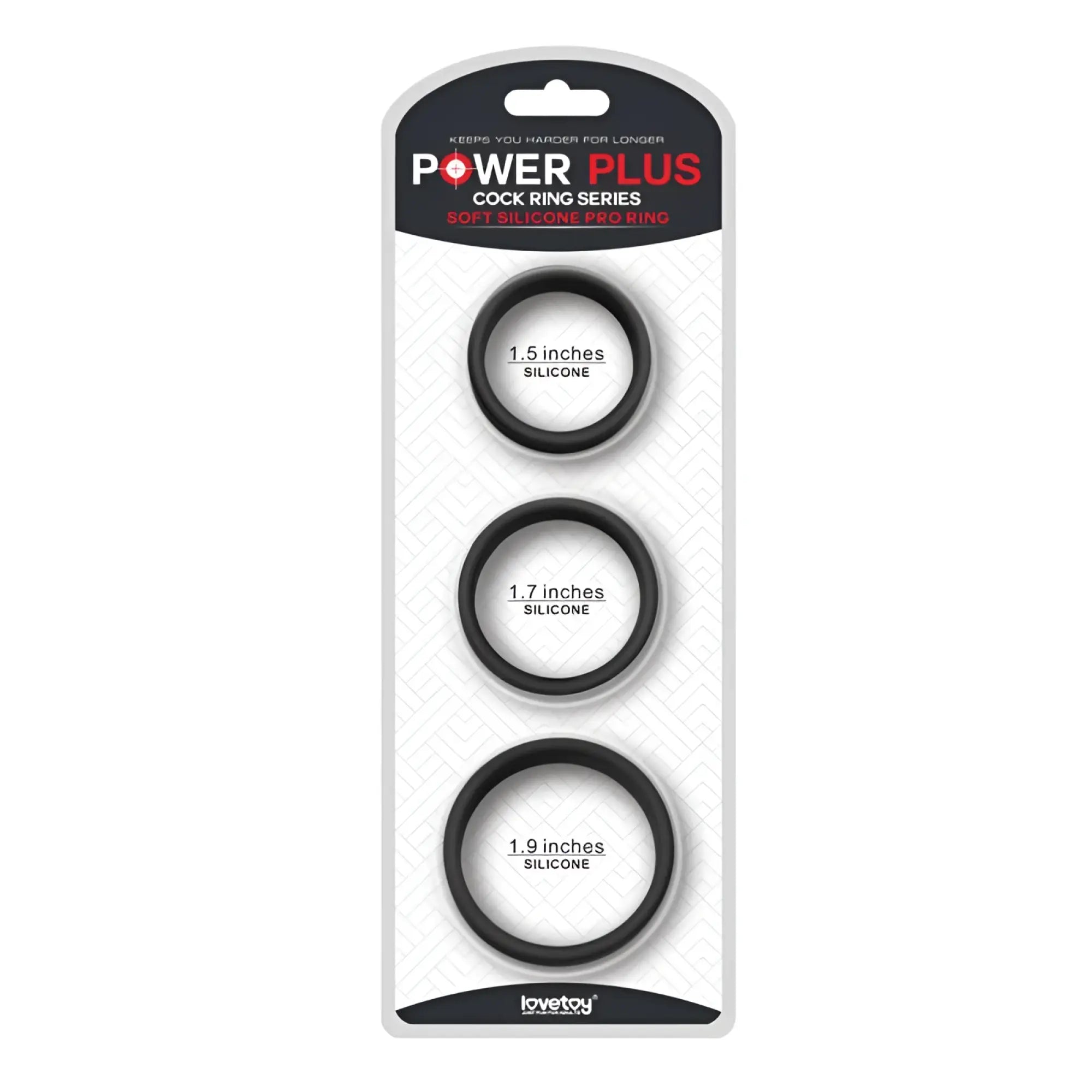 Lovetoy silicone 3 pc pro cock ring set with black silicone rings in sizes 1.5, 1.7, and 1.9 inches in package