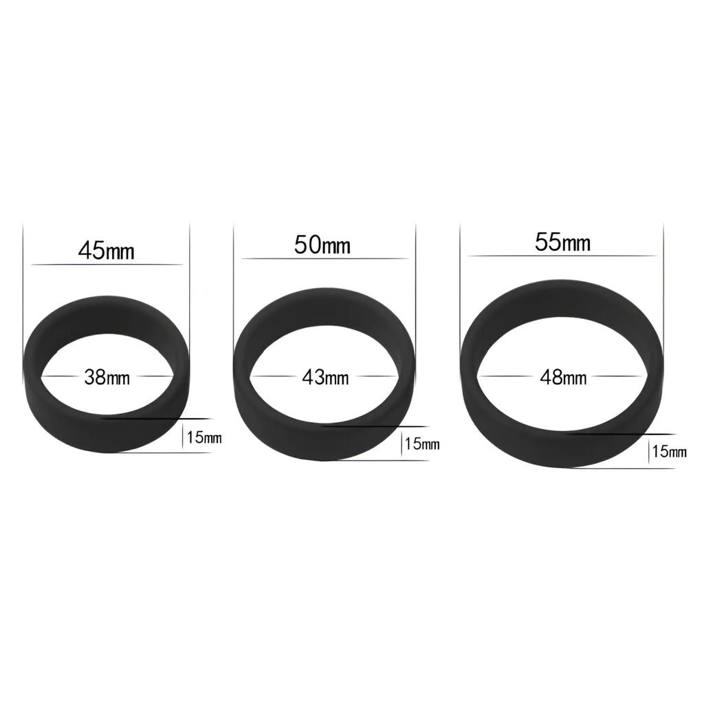 Lovetoy silicone 3 pc pro cock ring set with three black silicone rings 15mm height widths 38mm to 48mm