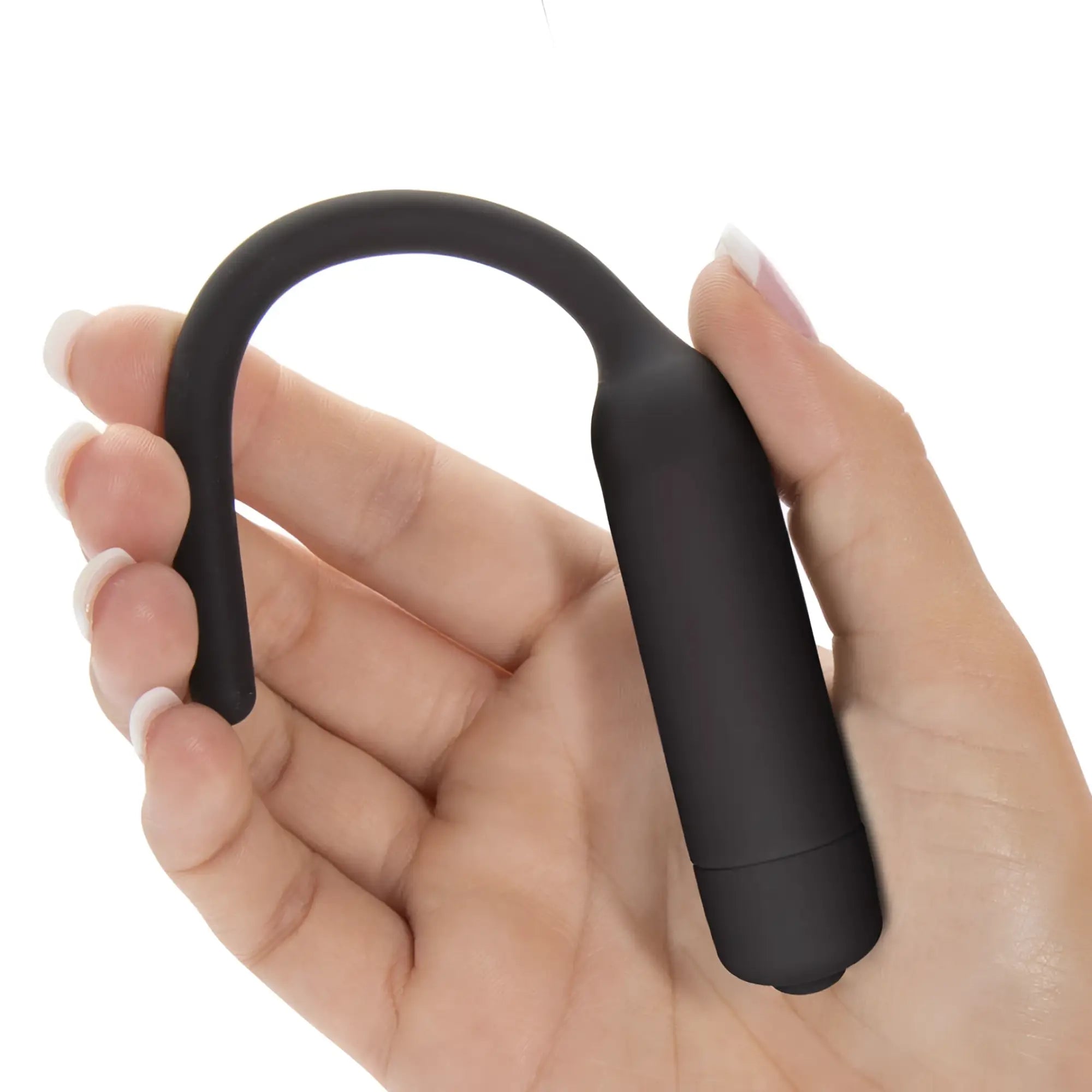 Black silicone vibrating urethral dilator with curved design and smooth rounded handle by lovetoy