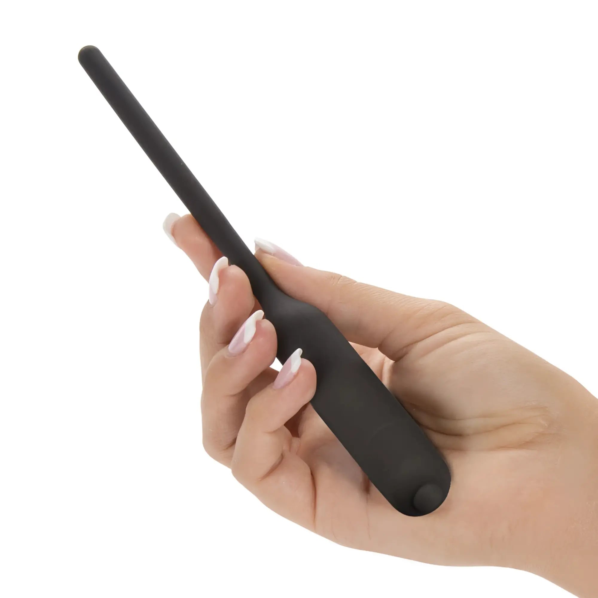 Black silicone vibrating urethral dilator wand from lovetoy shown from the back side in the image